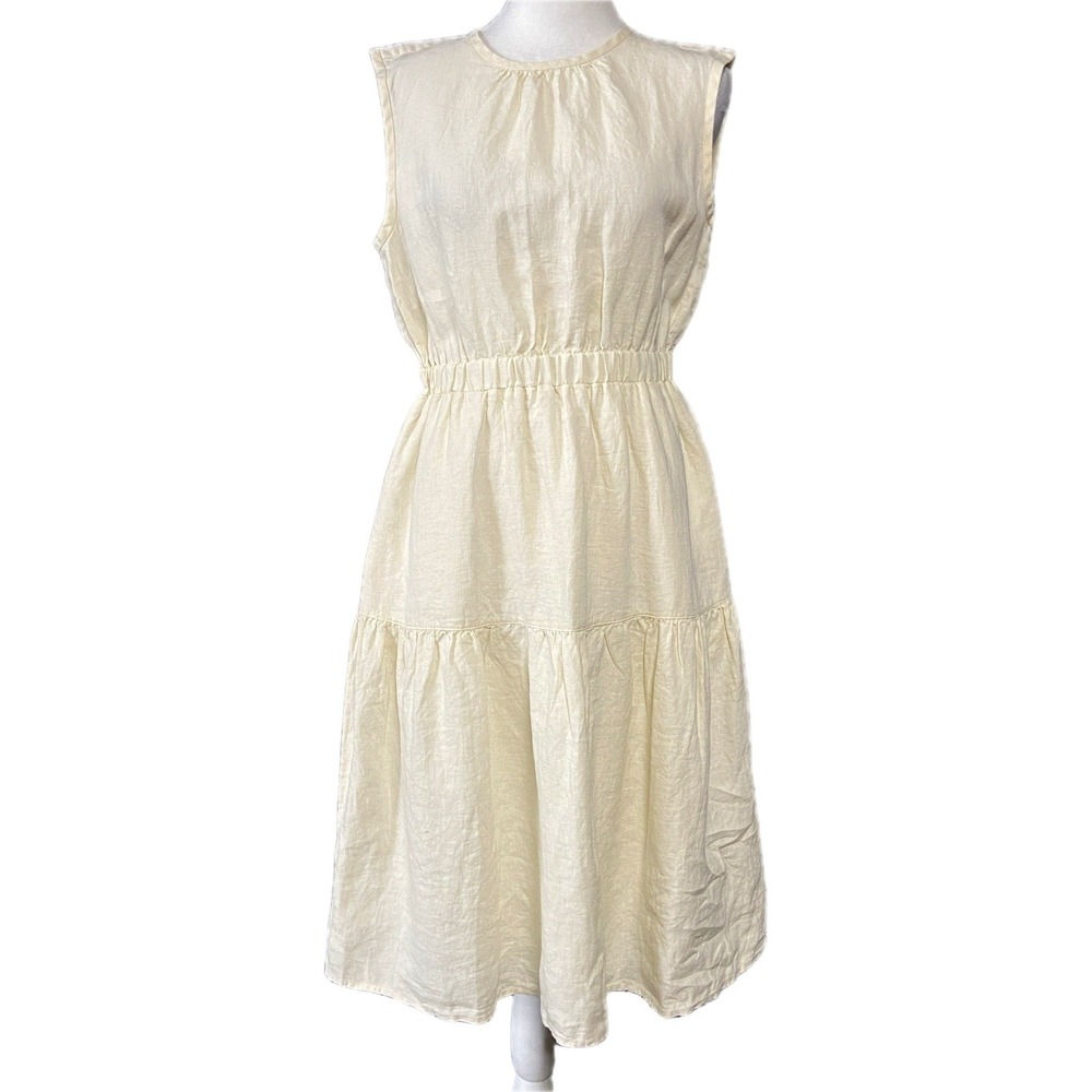 Everlane Dress Womens 2 White Linen Sleeveless Open Back Tiered Midi Sundress